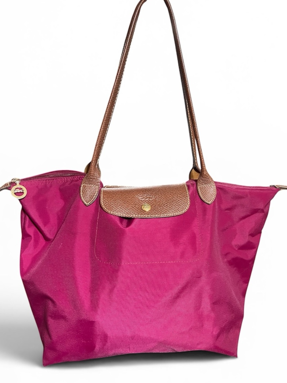 Longchamp Magenta Nylon Le Pliage Tote with Brown Leather Trim